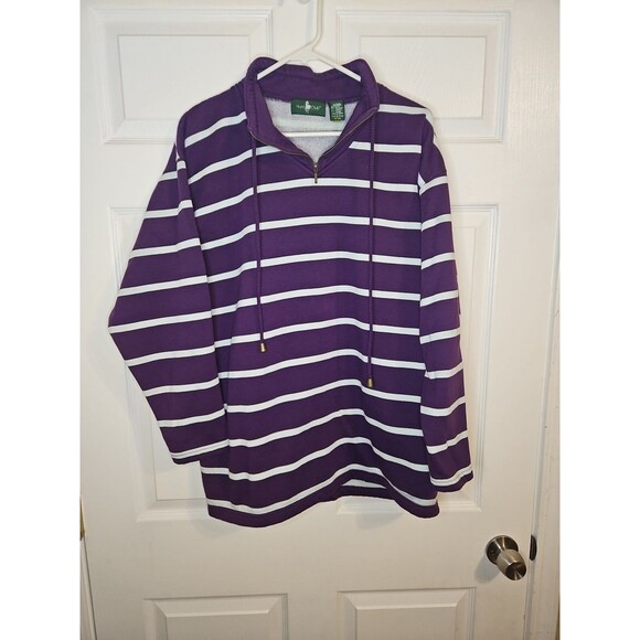 Vintage Hunt Club Sweater Purple White Striped Womens L Large Drawstring - Picture 1 of 3